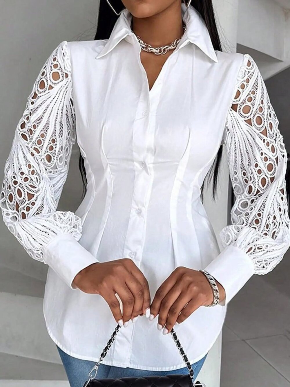White Elegant Women's Plus Lace Hollow Sleeve Collar Shirt - Picture 4 of 4
